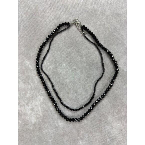 Black Faced Glass Bead Double Strand Layered Necklace Adjustable - Picture 1 of 2